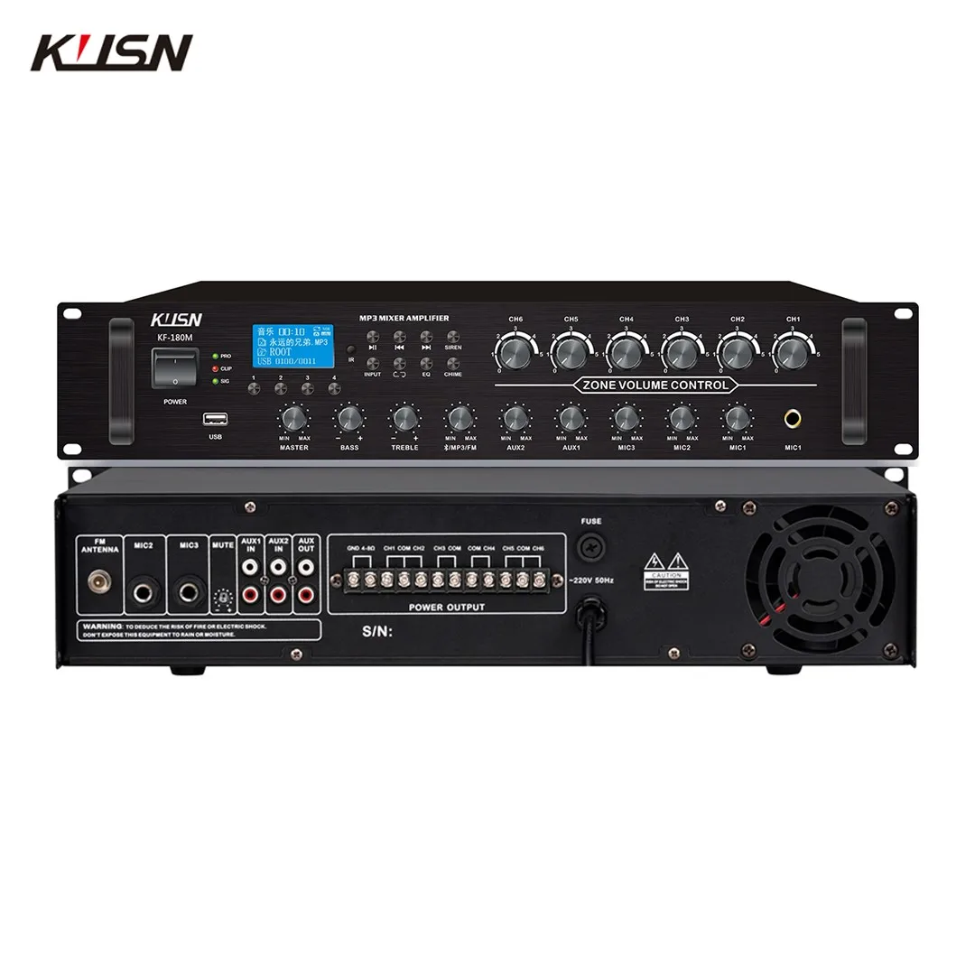 6 Zone 180W 100V Powered Amplifier Professional 5 Channel Audio Karaoke Amplifier Mixer Sound PA System With Fm Bluetooth Usb