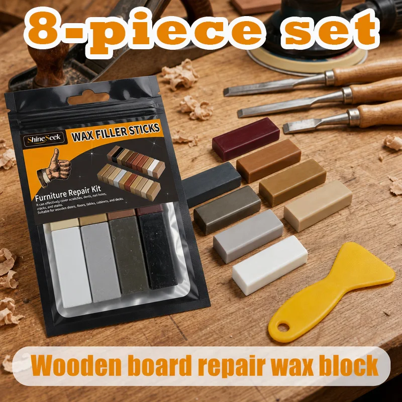 8Pcs Super Strong Wood Repair Wax Blocks + 1Pc Scraper Set—Black, Gray, White, Earthy Yellow, Light Yellow Series Wood Floor Repair Wax Block Kit, Suitable for Wooden Furniture and Floors, Furniture Repair Marker Pen, Linseed Oil Floor Repair Set, Effectively Covers Scratches, Dents, Nail Holes, Cracks, and Stains Suitable for Wooden Doors, Floors, Tables, Cabinets, Desks. Indispensable Woodworking Tools, a Great Choice!