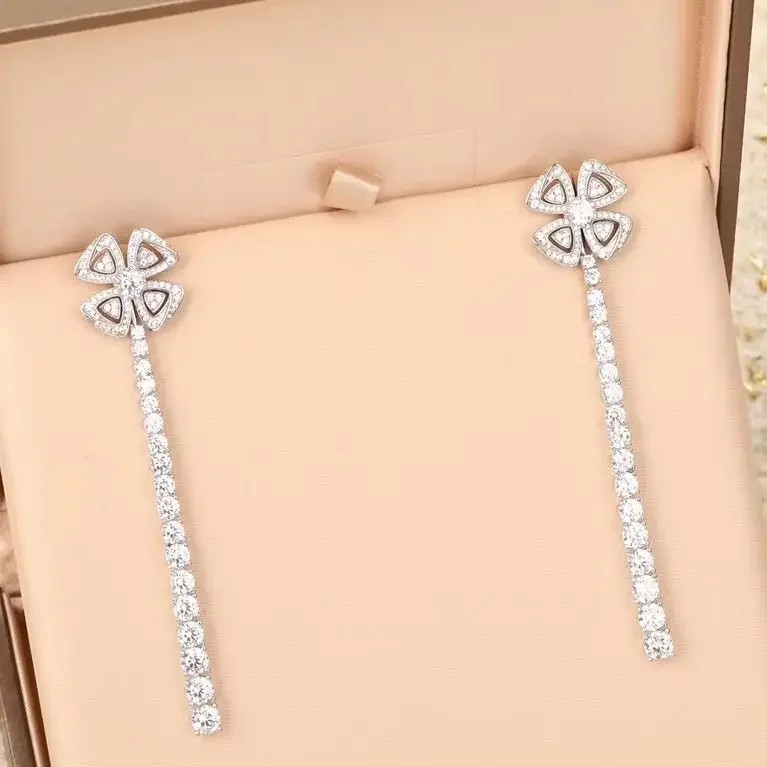 Europe Top Quality 925 Silver Crystal Diamond Flower Tassel Luxury Earrings Necklace Woman Designer Jewelry Gift Trend