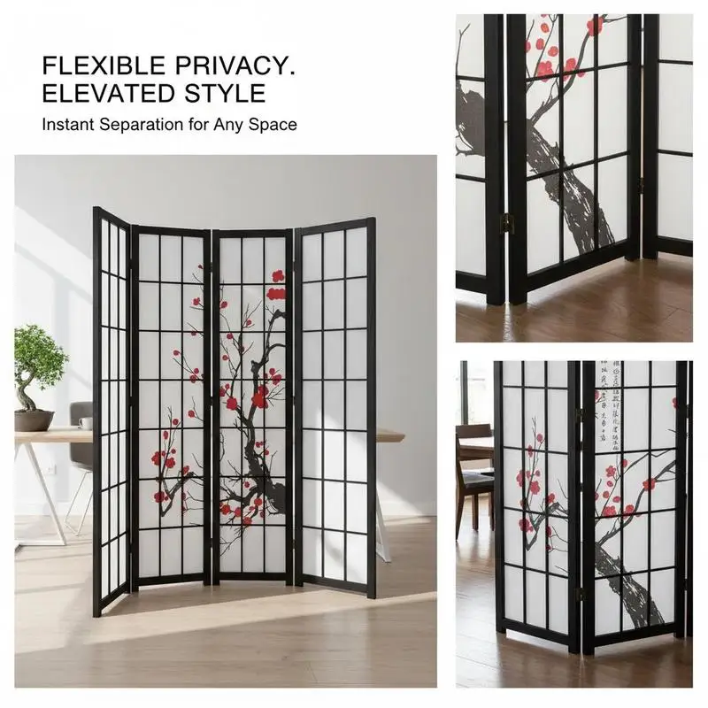 Japanese Shoji Screen 6 Panel For Home Office Restaurant Bedroom, Wood Folding Privacy Partition Portable Interior Decoration Divider