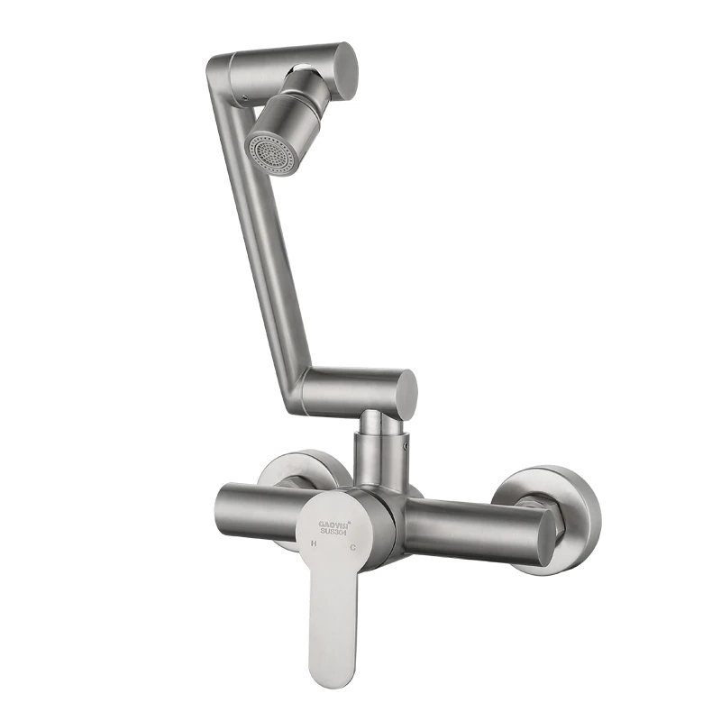 Stainless Steel Foldable Basin Faucet Wall Mounted Bathroom Kitchen Sink Washbasins Cold Hot Water Mixer Tap 360 Degree Swivel