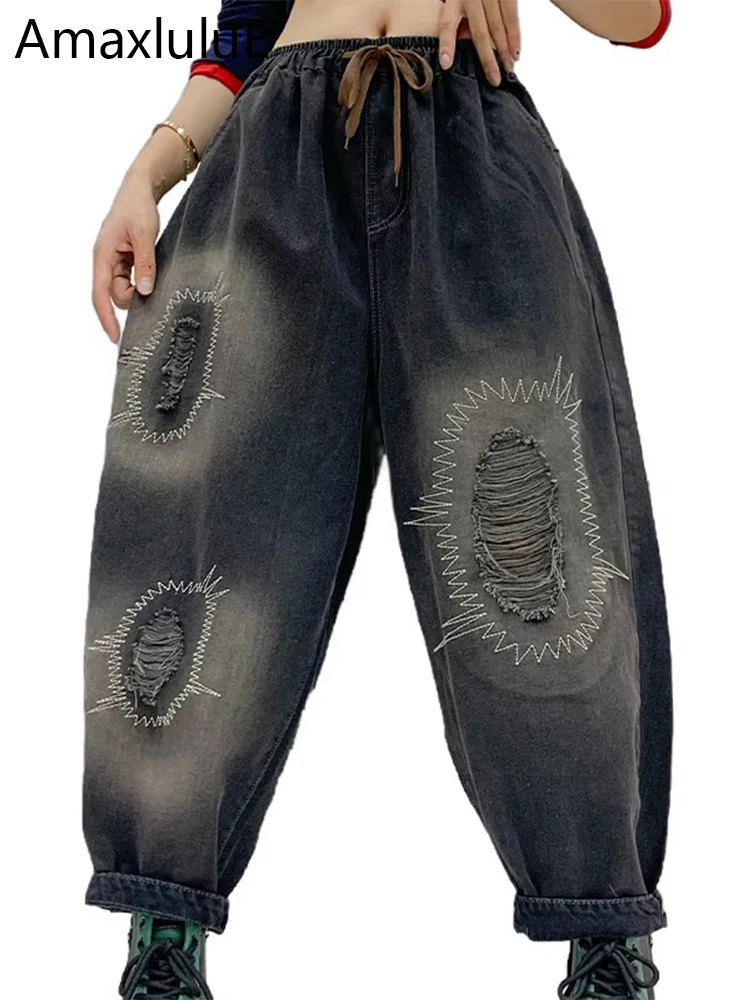 

Amax luluE Autumn Jeans Womens Fashion Embroidery Holes Denim Pants Ladies Casual Vintage Classic Elastic Waist Harem Trousers