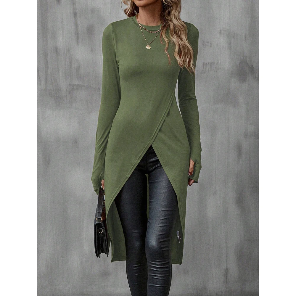 سترة نسائية غير متماثلة بأكمام طويلة: مقاس نحيف قابل للتمدد - ملابس كاجوال للخريف/الشتاء، بلوزة متعددة الألوان بحاشية عالية ومنخفضة #3