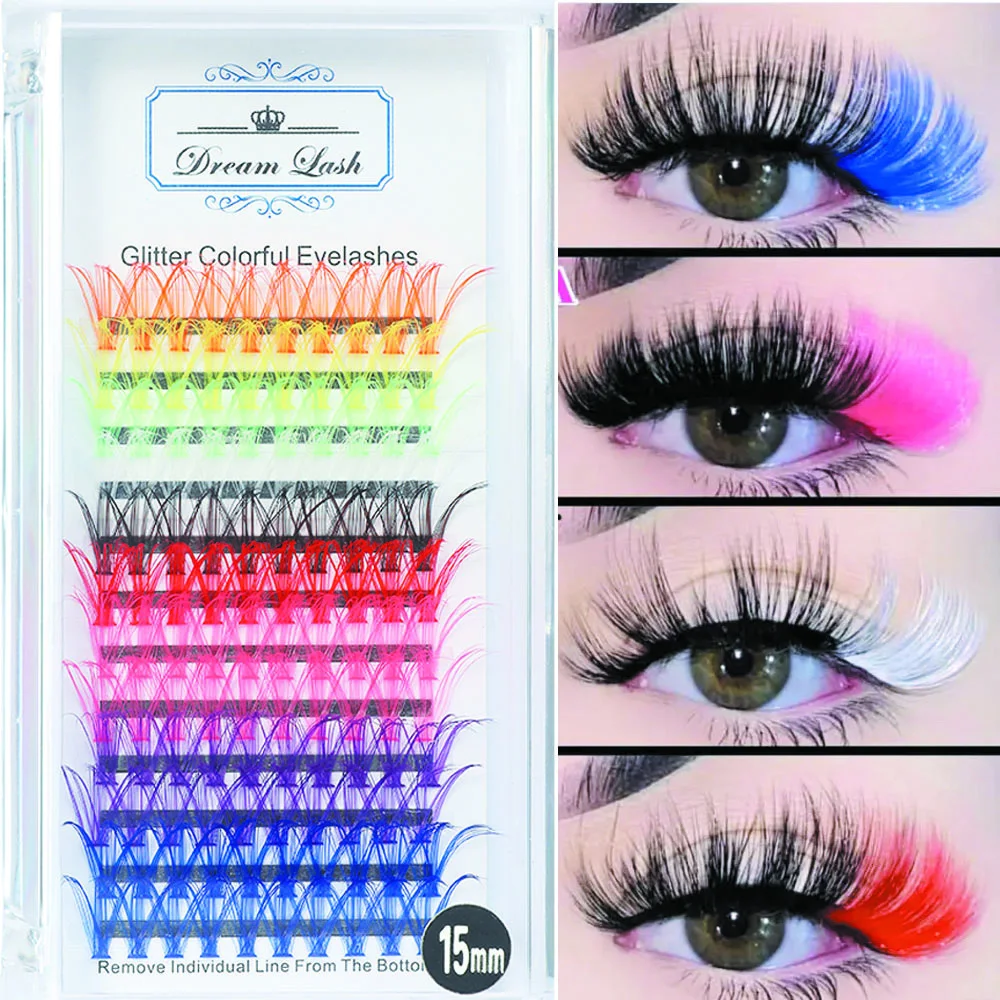 9 Colors Mix Eyelashes Extension D Curl 15mm Cat Eye Colorful Hot Melt Eyelash 120pcs Cluster Segments Natural Individual DIY