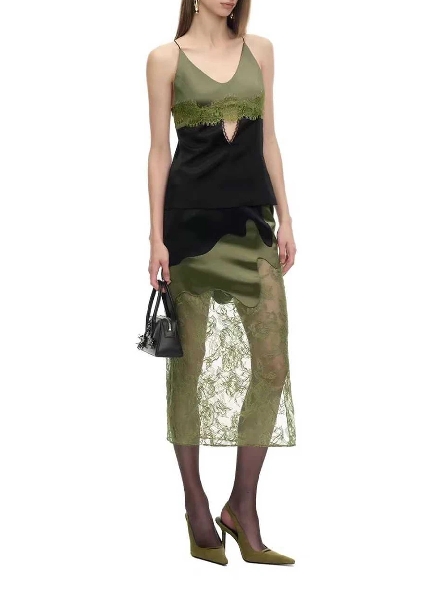 TWOTWINSTYLE Lace Spliced Hollow Out Slimming Two Piece Set for Women V Neck Sleeveless Top High Waist Midi Skirt Sets Female