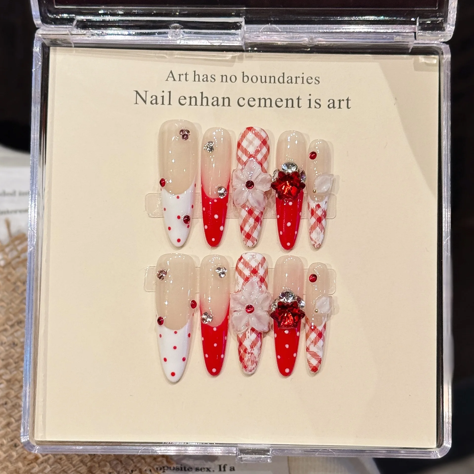 10 Uds. De uñas postizas hechas a mano de lujo, diseño Lingge de punta larga y fina con herramienta de 3 piezas, pestañas adhesivas para pegamento de uñas