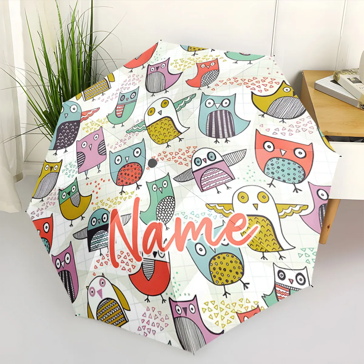 Custom Name Whimsical Owl Pattern Umbrella Design Print 8 Iron Ribs Folding Umbrella, Auto-Open Fashion Sunshade