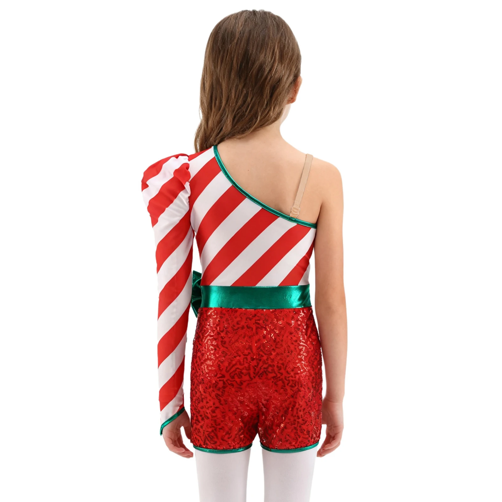 Kids Girl Christmas Dance Costume Xmas Santa Elf Unitard Candy Cane Striped One Shoulder Bodysuit Jumpsuit for Ballet Gymnastics