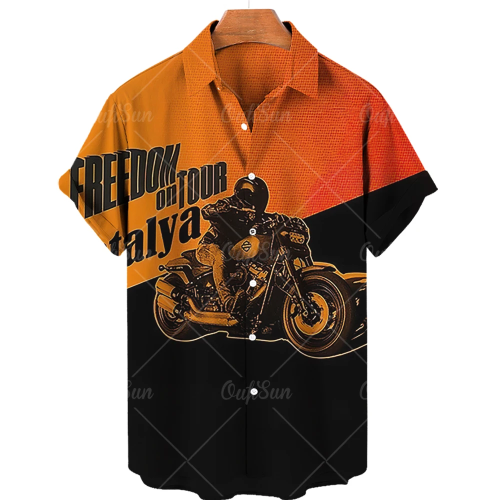 Kemeja Hawaii untuk Pria Sepeda Motor 3D Mode Gambar Cetak Blusas Lengan Pendek Pantai Kerah Kebesaran Kemeja Pakaian Hip Hop Biker Camisa