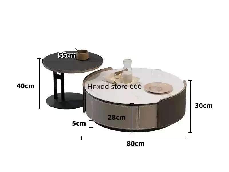 Small apartment Italian minimalist modern light luxury saddle leather round rock slab countertop coffee table