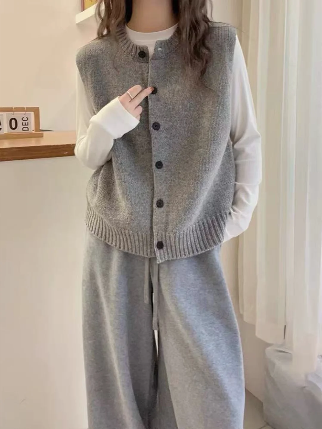 Einfache reine Farbe Camere gestrickte Weste Strickjacke Damen Herbst Winter Schichtung rund Ne Svel Wolloberteil