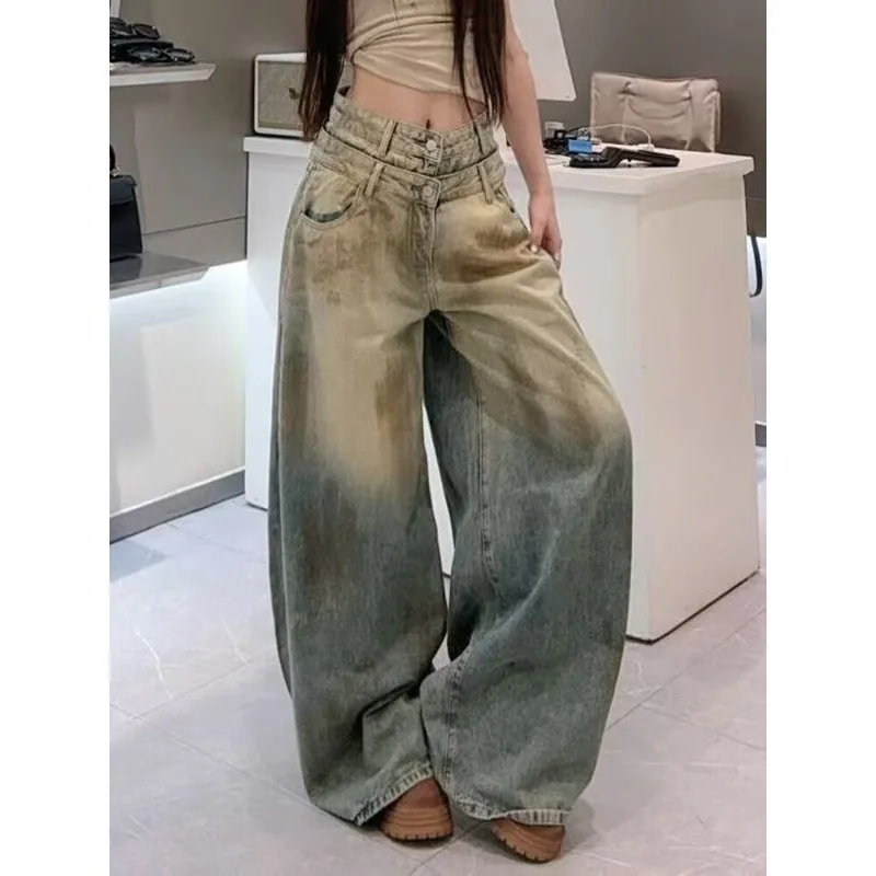 Women Retro Gradient Dirty Mud Wash Oversized Baggy Wide Leg Jeans Y2K Distressed Denim