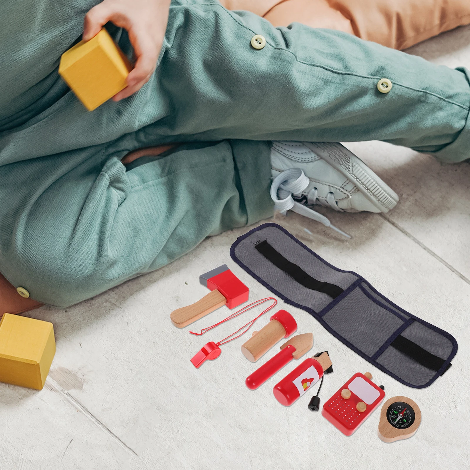 1Set Kids Firefighter Pretend Play Set Realistic Wooden Tools with Storage Belt for Imaginative Role Playing Learning Fine Motor