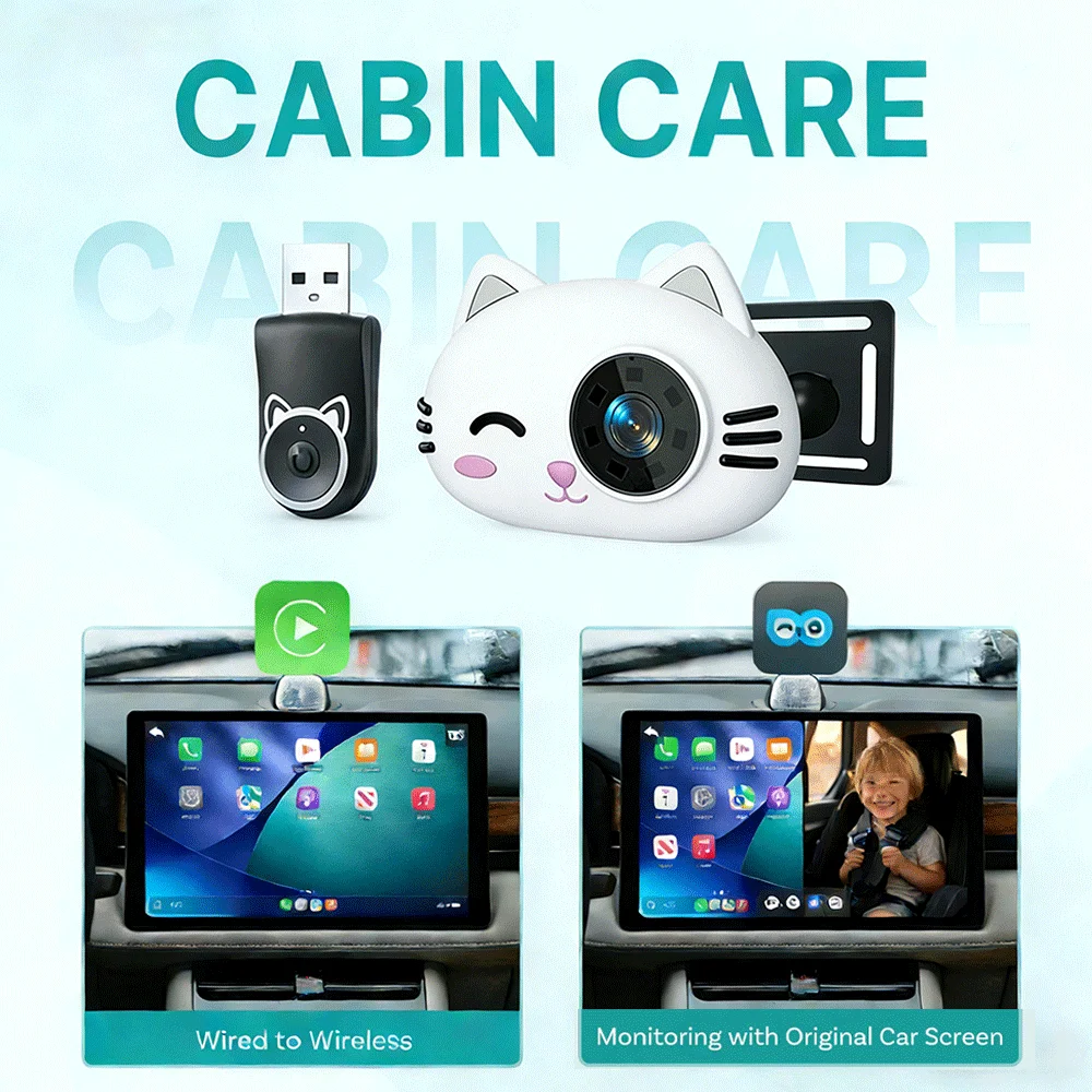Cabin Care Wireless CarPlay Adapter 1080P HD Baby Car Camera 150° Wide-angle Night Vision Split-Screen Backseat Monitor