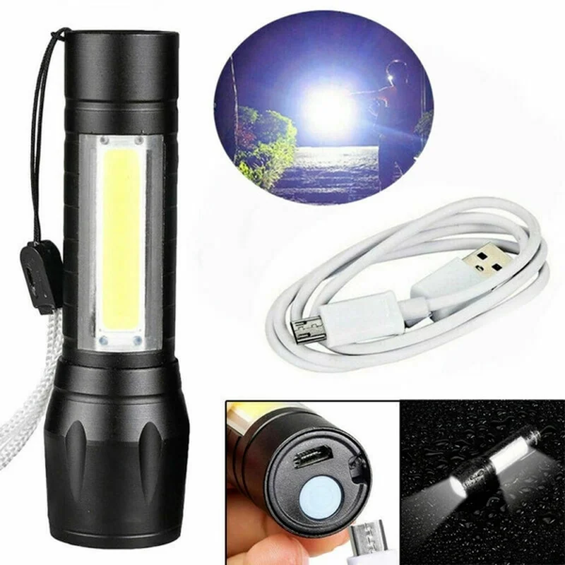 Built In Battery LED MINI Flashlight Zoom Waterproof Aluminum 3 Modes Torch Rechargeable for Camping USB Cabling, Cycling, Work