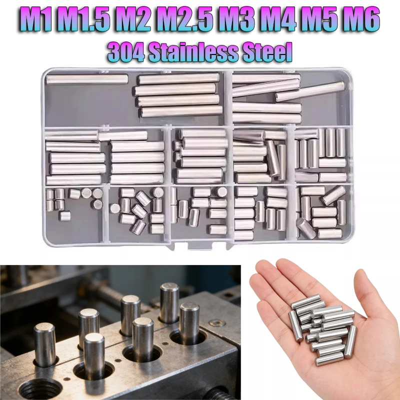 Dowel Pin Assortment Kit M1 M1.5 M2-M6 304 Stainless Steel Solid Cylindrical Pin Shelf Support Peg Pin Rod Fasten Elements Set