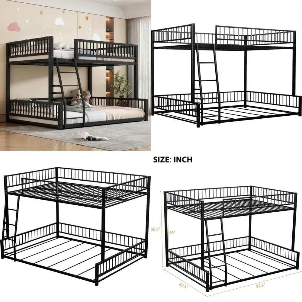 إطار سرير بطابقين كامل مقاس XL مع سلم وقضبان أمان، أسود