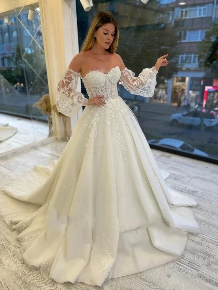 Elegant Strapless Wedding Dresses  Detachable Puffy Sleeves appliques Lace up Back Boho Bridal Gown Vintage Robe