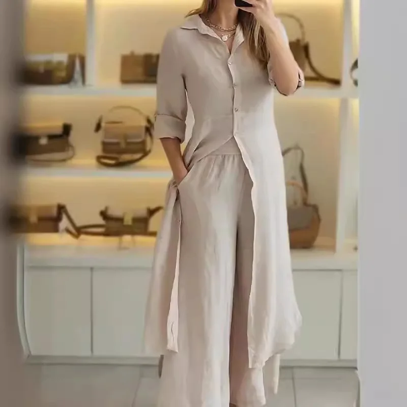 Elegant Women Long Pants Set Sping Autumn New Suit Full Sleeve Shirt Dress & Loose Wide Leg Trousers 2 Piece Sets Women Outfits