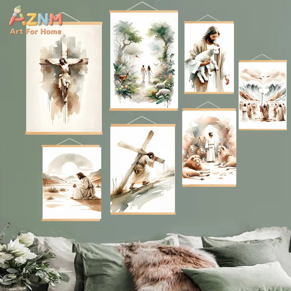 AZNM Watercolor Christian Jesus Religious Canvas Wall Art Cross Lamb Lion Bible Story Print Unframed Canvas Painting For Prayer