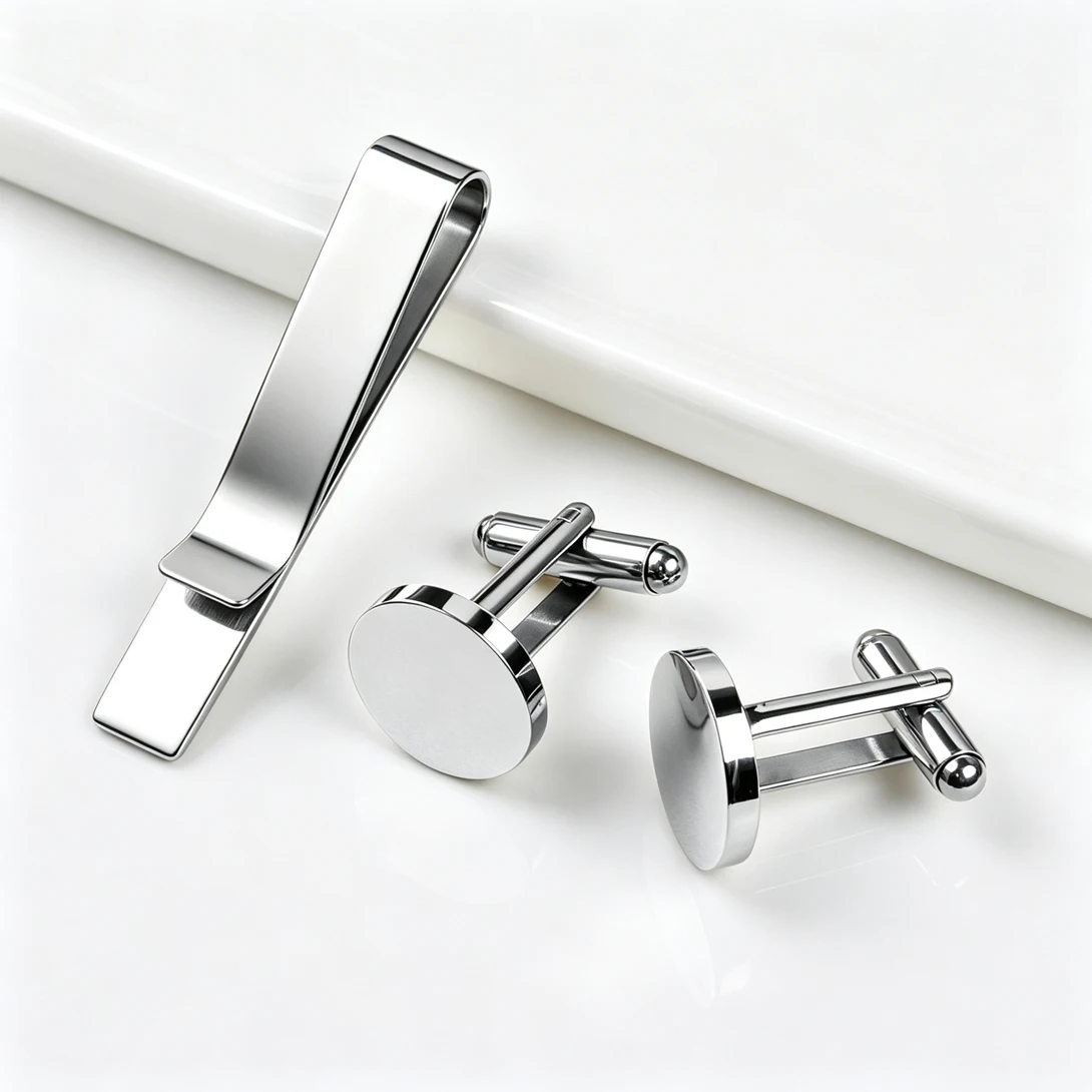 3세트의 클래식한 둥근 모양의 커프스 버튼과 넥타이 바 - Tie Clip Bar Set Stainless Steel 리뷰 및 가격