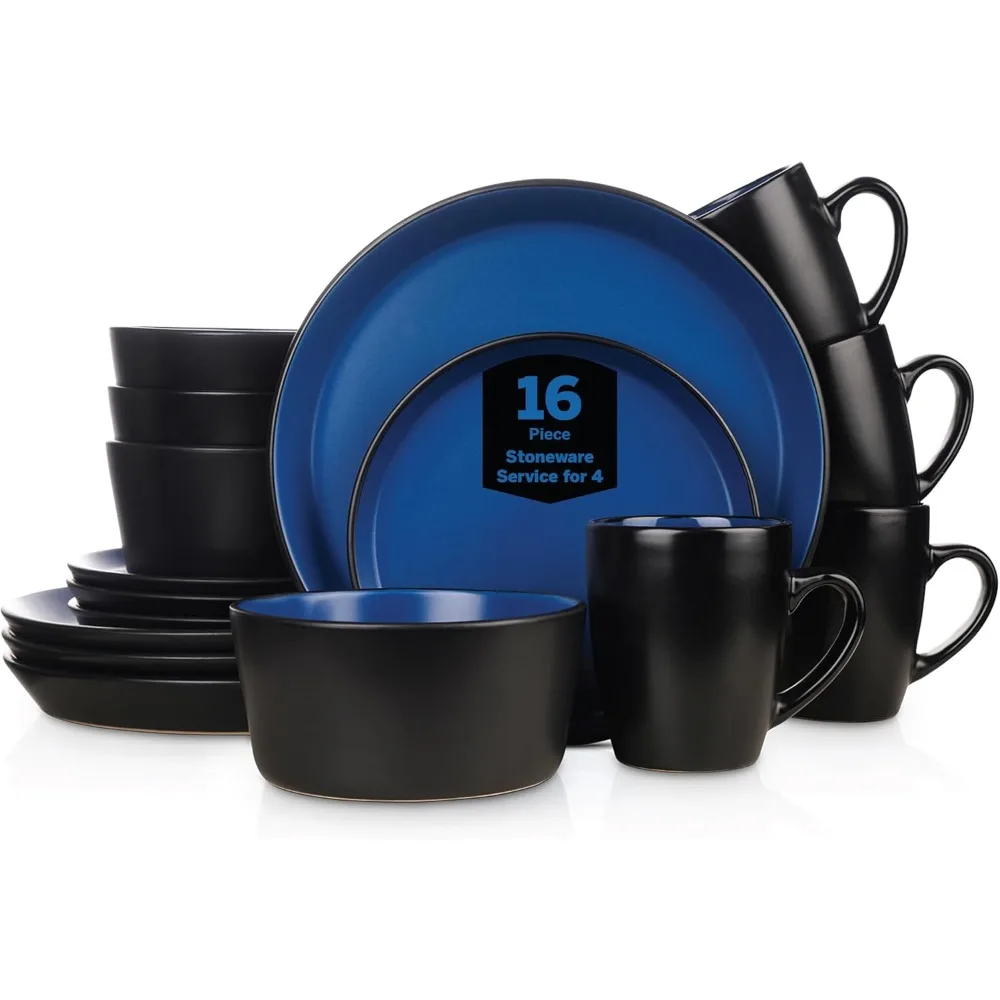 

Modern 16-Piece Stoneware Dinnerware Set by Albie Stone, Blue and Black, Service for 4 with Plates and Bowls