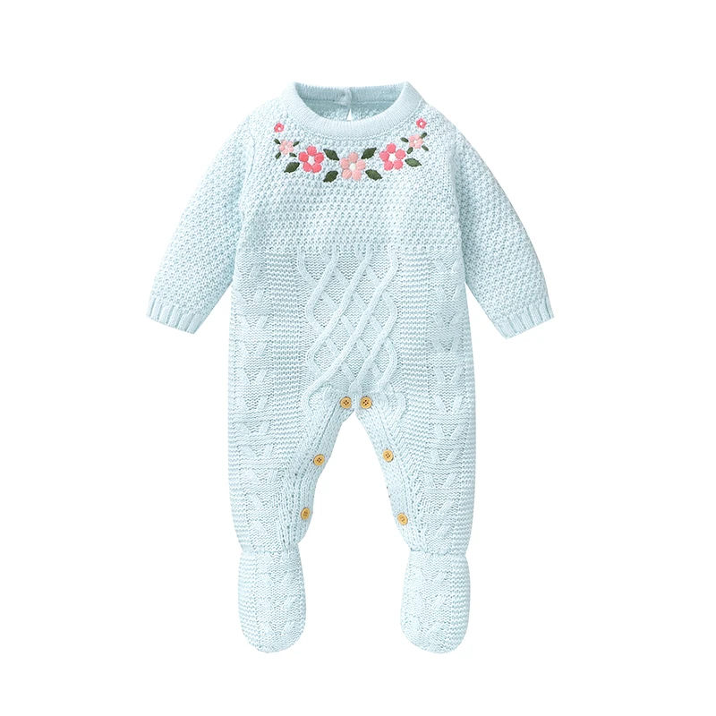 Sweet Floral Print Long Sleeve O-neck Baby Winter Rompers For 0-9 Months Newborn Knit Acrylic Infant One-piece Jumpsuit Bodysuit