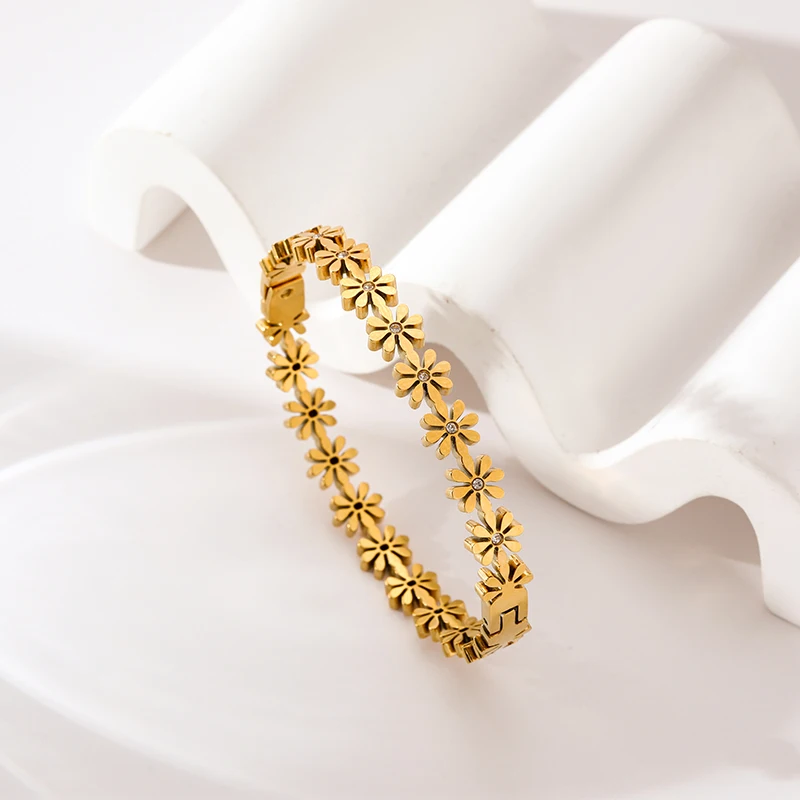 EILIECK 316L Edelstahl Blumen Halskette Armband Ohrringe für Damen Goldfarben Metall 18 K vergoldeter Schmuck 4-teiliges Set Bijoux Geschenk – Detail 18