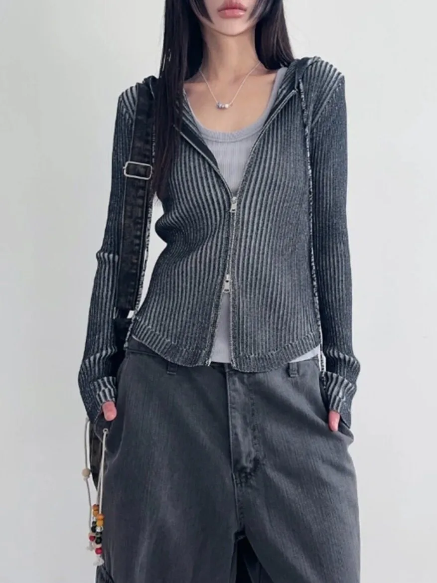 Retro Tie Dye Zipper Hooded Slim Fit Knitwear Sweater Coat Autumn Winter Japanese Style Worn Color Grinding Women's Fashion