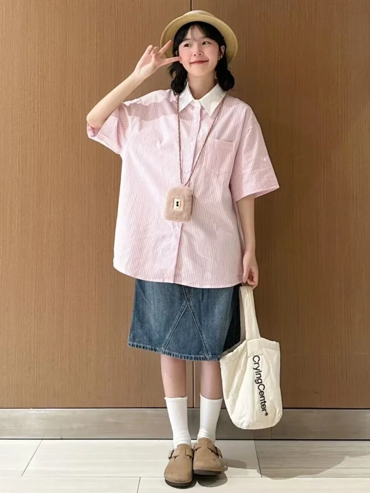 

Retro Japanese Sle Women's ort Sve Striped irt Pink Color Blo College Sle Small Size irt Loose Fit Collar