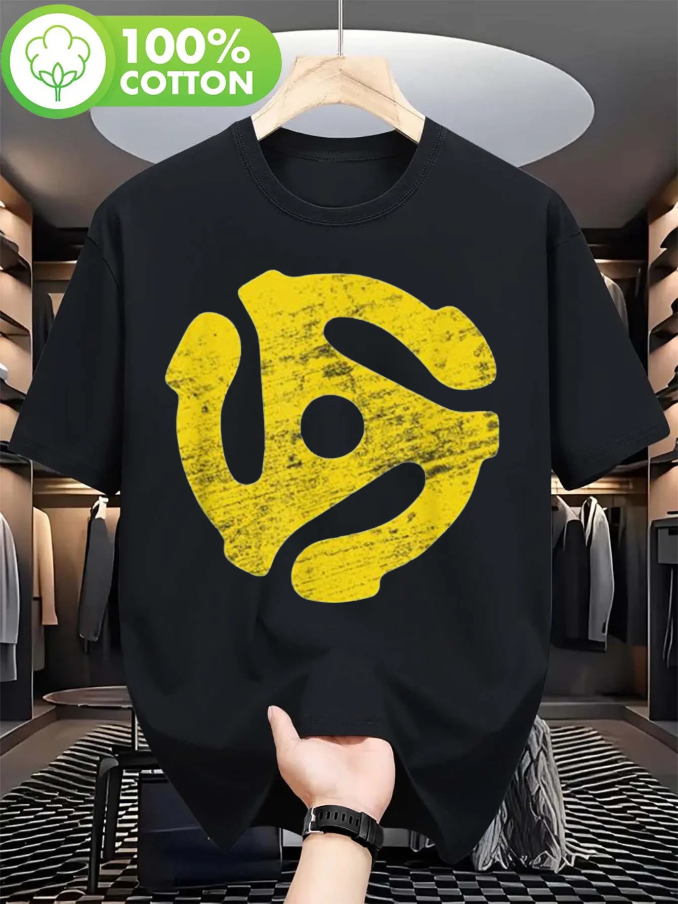 

Men's Vintage Record Adapter Graphic T-Shirt - 100% Cotton Crew Neck Casual Tee with Retro Yellow Print, Breathable Summer Shirt