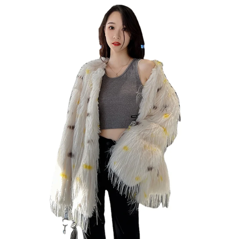 

ZXRYXGS 2023 Elegant Fashion Imitation Fur Coat White Spell Color Korean Women Coats Autumn Winter Clothing