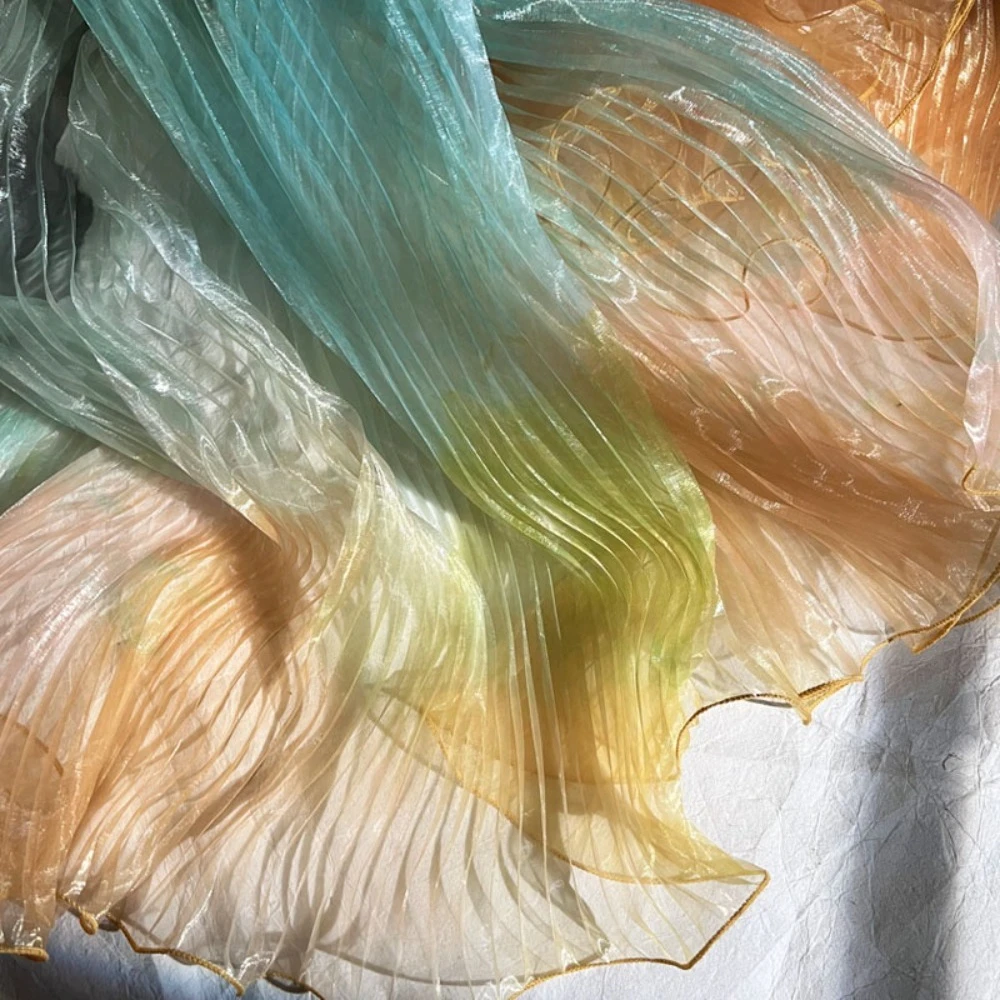 Laser Organza Tie-Dye Green-Yellow Gradient Mesh Fabric Accordion Pleat Water-Shine Formal Dress Designer Cloth