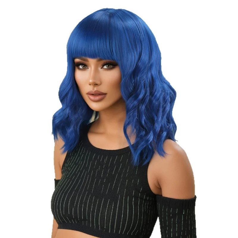 European and American style with bangs, short curly hair, royal blue synthetic fiber cosplay wig for women, full head cover