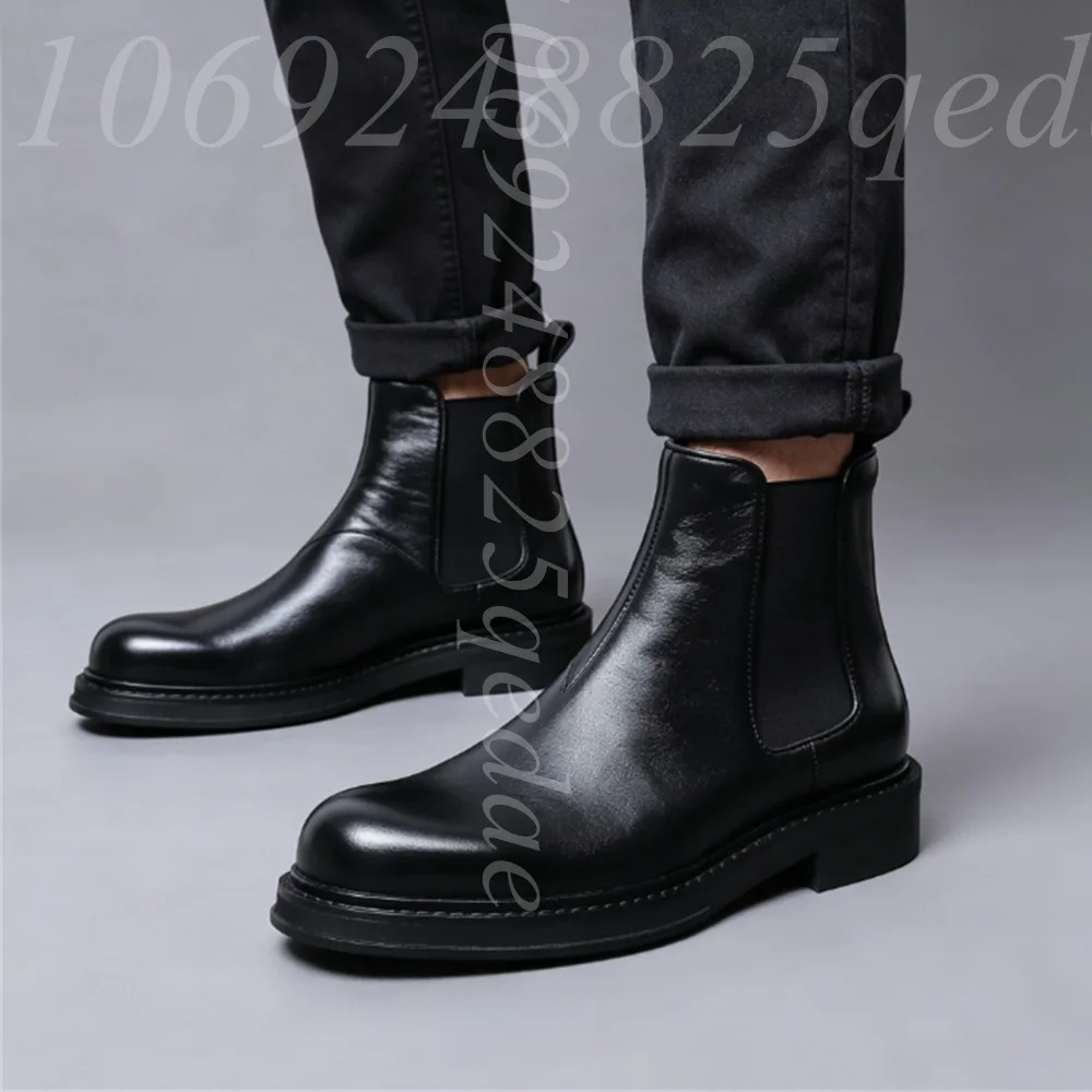 

Men's Matte Leather Chelsea Ankle Boots Pull on with Elastic Gussets, Chunky Platform Sole, Round Toe, Formal Business Boots