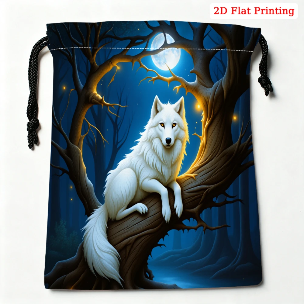 1Pc Fantasy White Wolf Moon Forest Drawstring Bag Blue 2D Flat Printing Storage Small Pouch Travel Cosmetic Organizer Gift For W