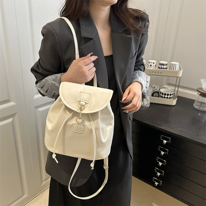 Trendy 2025 Women's Leather Backpack Casual Travel Shoulder Bag Soft Surface Waterproof Light Bucket Shape Polyester 