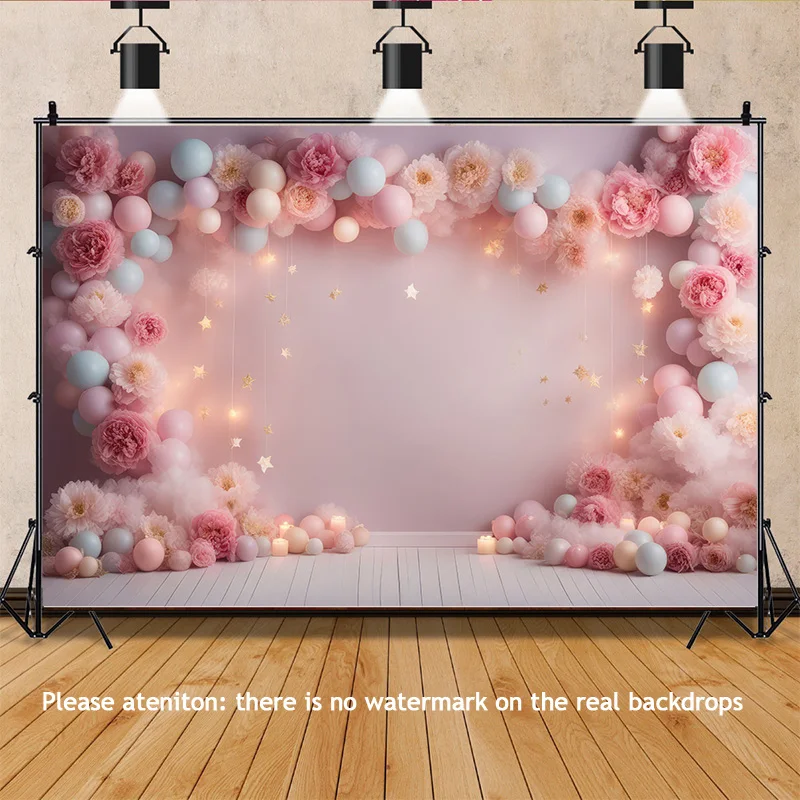 Różowy Niedźwiedź Cyfrowe Tło na Tort Urodzinowy Smash Studio Fotografia Tła z Pastelowym Różowym Tłem Gwiazdy TD-01