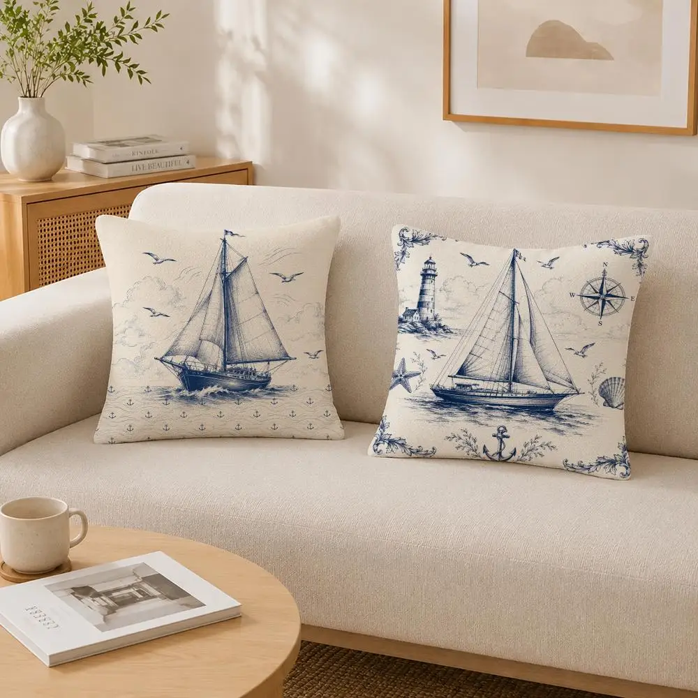Nautical Coastal Sailing Sailboat Cushion Cover Soft Fluffy Short Plush  Pillow Case  Sofa Bed Home Decor