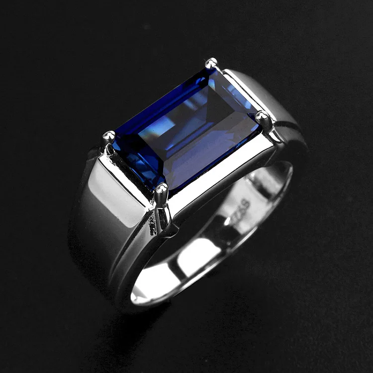 Men\'s Eternity 925 Sterling Silver Square natural Blue Sapphire Stone Solitaire Rings For Men Resizable ring jewelry gift