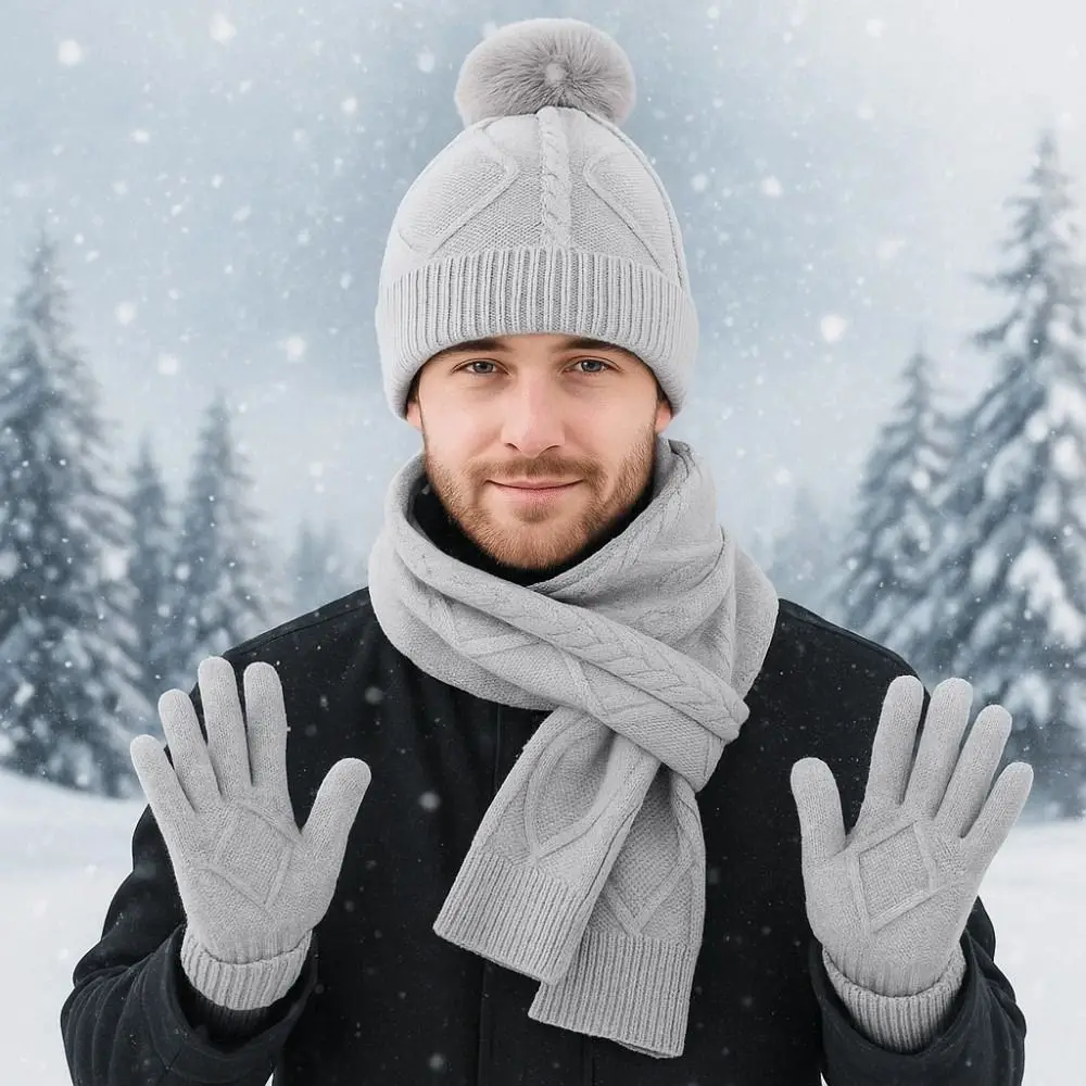 Yarmulke Elastic Scarf and Hat Set Touch Screen Warm Cold Proof Gloves Plush Ball Rhombus Patterned Knitted Scarf Cycling