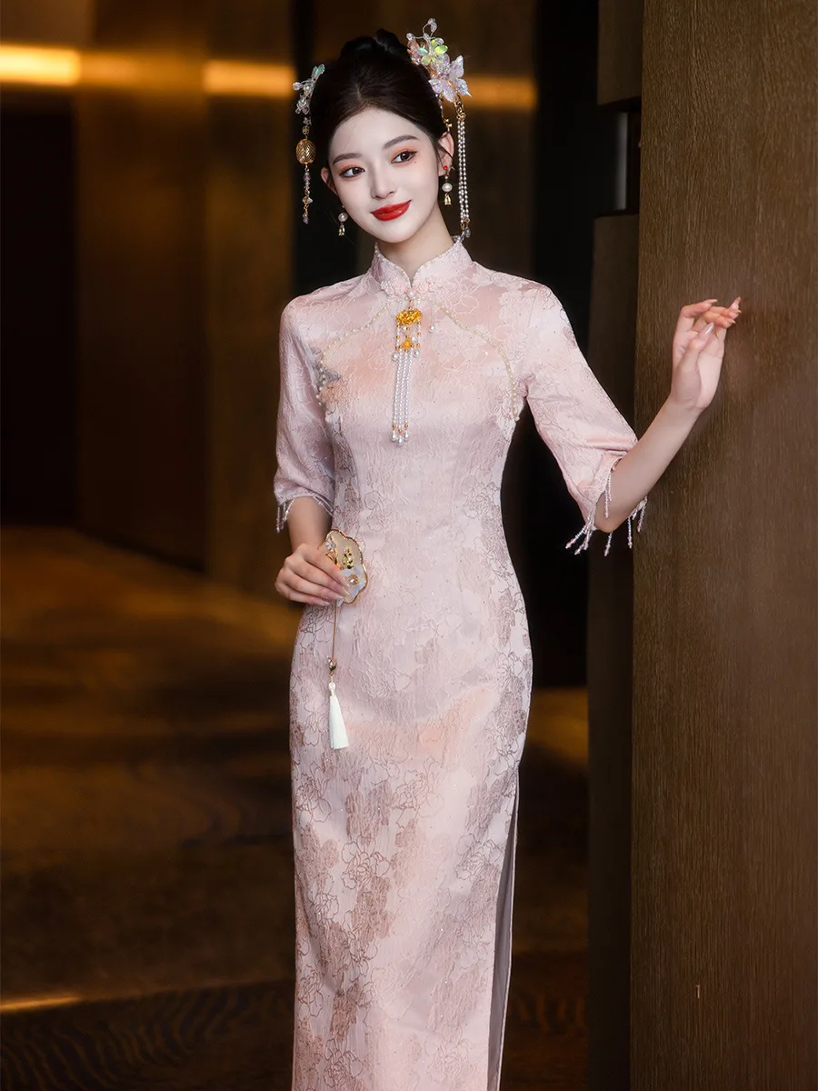 

Pink ort Sve Wedding Dr Chinese Sle New Bride Gown mid Sve Formal Ceremony Qipao Cusizable Engagement Suit Skirt