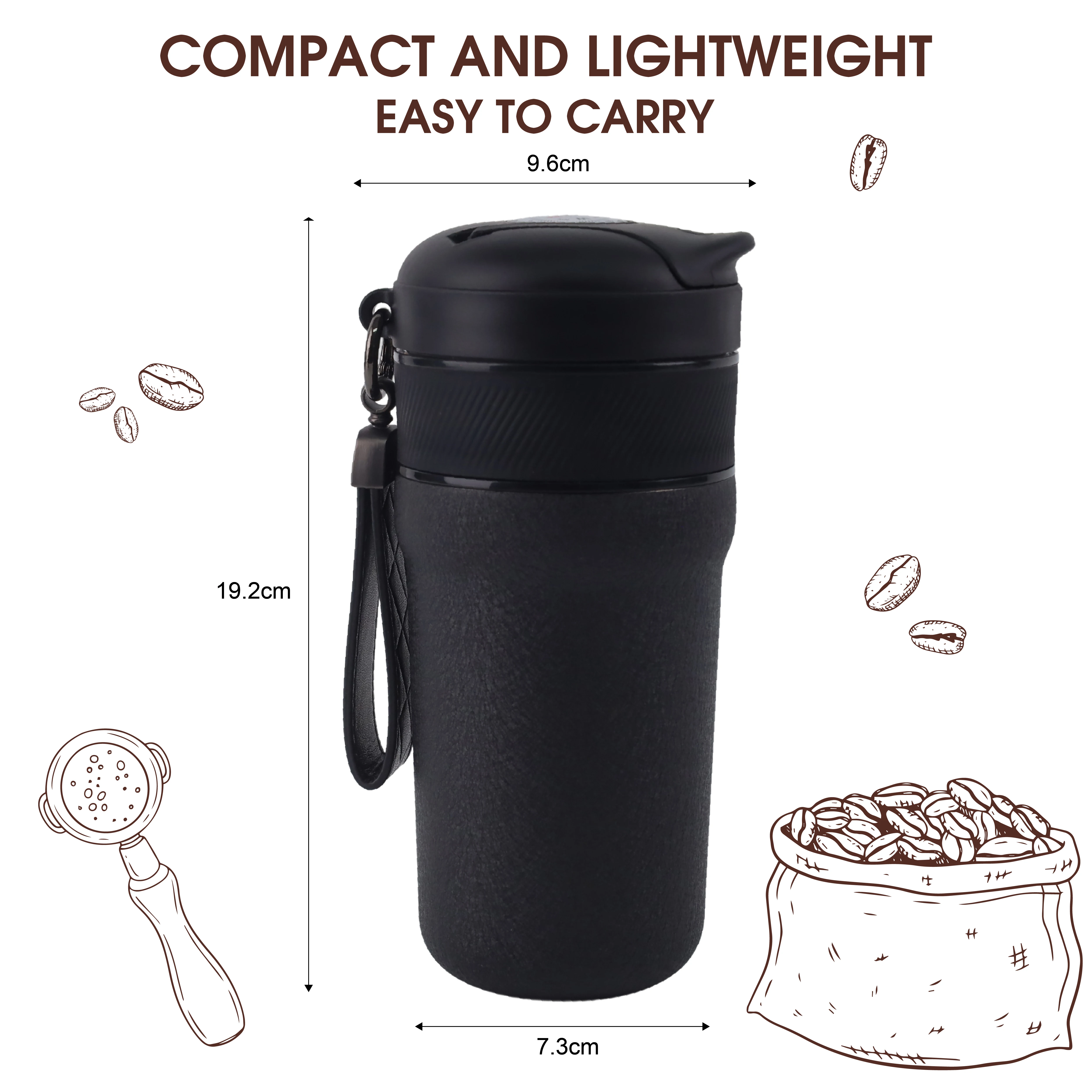 All-in-One Outdoor Manual Coffee Grinder Filter Mug 316 Stainless Steel Insulated Travel Cup with Compass Lid and Leather Strap