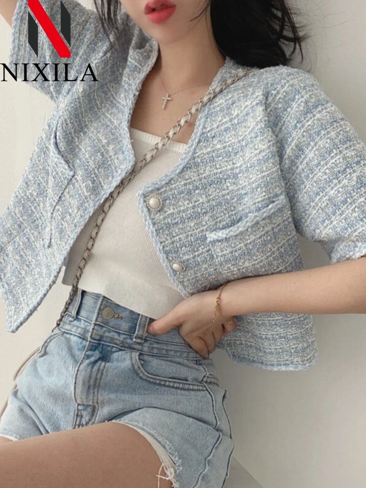 Spring Summer Women Jacket Korean Fashion Short Sleeve Coats Pearl Buckle Round Cardigan French Tweed Tops for Women Clothing