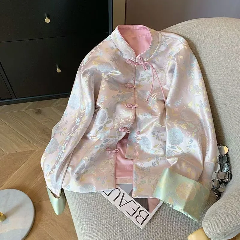 

New Chinese Style Retro Floral printed Thin Shirts Button Short Jacket Women Spring Elegant Coats Retro Satin Top 2026