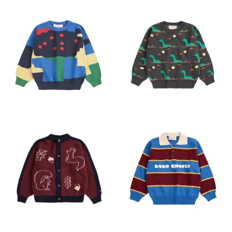 Winter Kids Knit Sweater Autumn Toddler  Dinosaur Pullover Warm Knitwear Boys Striped  College Sweaters Girls Cardigan Coat