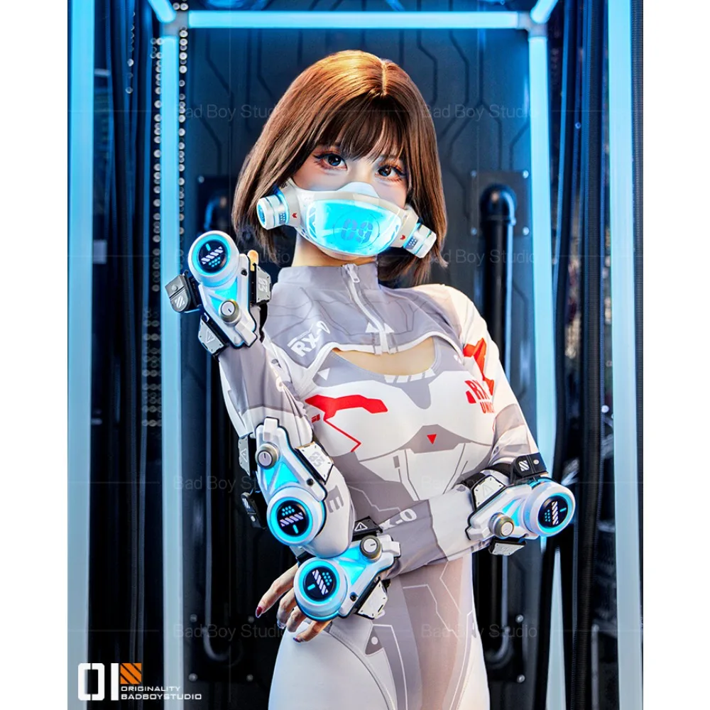 Cool Cyber-Punk LED Cosplay Maks Glow Girl Sci-Fi Mechanische Arm Machines Handschoen Masker Party voor Dames Heren Feestaccessoires)