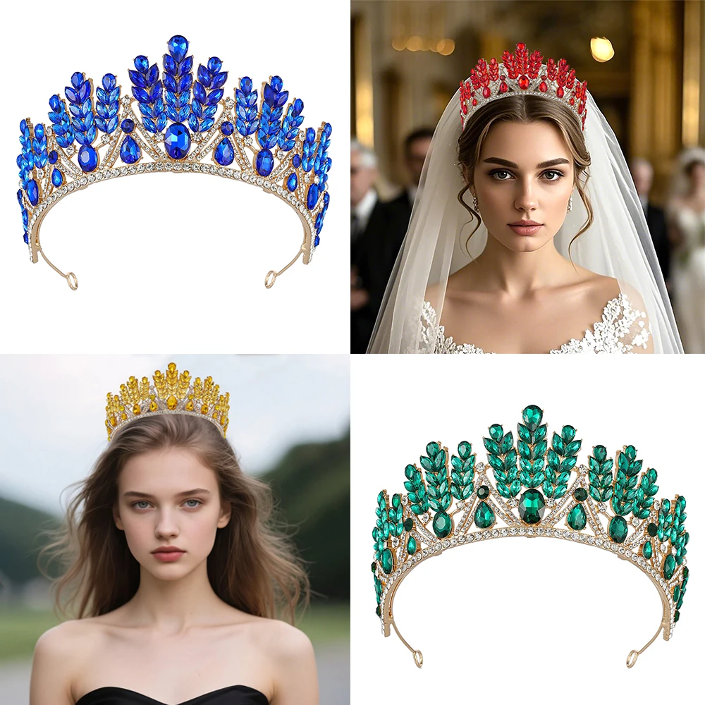 تاج الزفاف - غطاء رأس زفاف فاخر من الكريستال المتلألئ وحجر الراين على شكل ريشة وليمة الملكة والأميرة