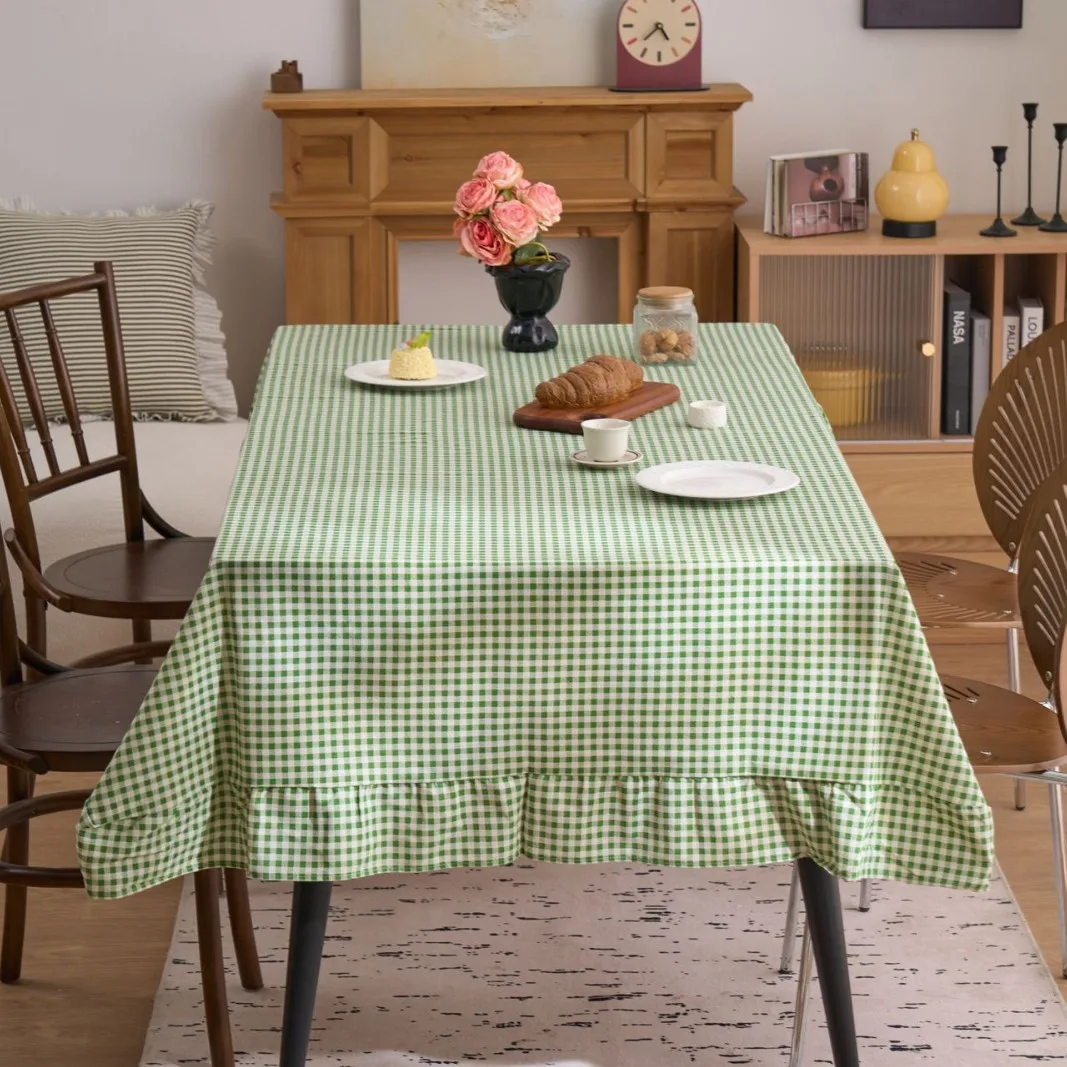 French Retro Plaid Rectangular Tablecloth Print Lotus Leaf Edge Round Table Cloth Vibes Dining Table Decor Living Room Textile