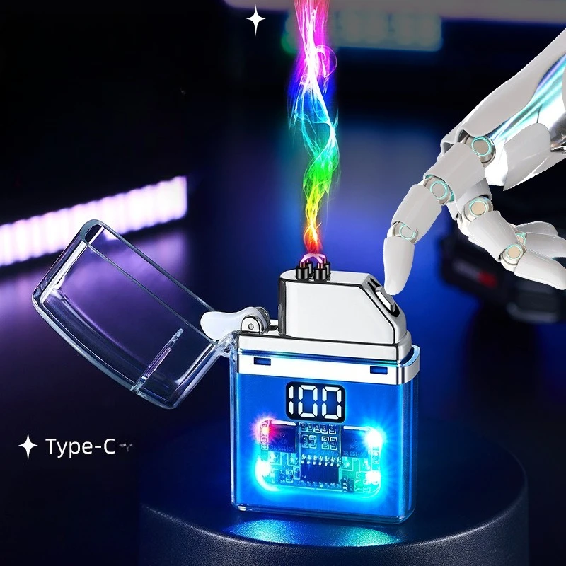2026xk Transparent Windproof Mini-rechargeable Double-arc Lighter Digital Power Display Cool LED Lantern Cigarette Lighter Gift